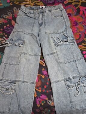 Vanilla Star Light Wash Wide Leg Cargo Jeans with Tie Details